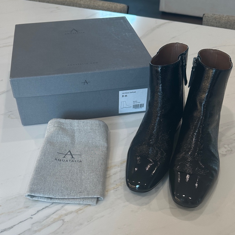 Aquatalia Black Patent Leather Weatherproof Ankle Bootie